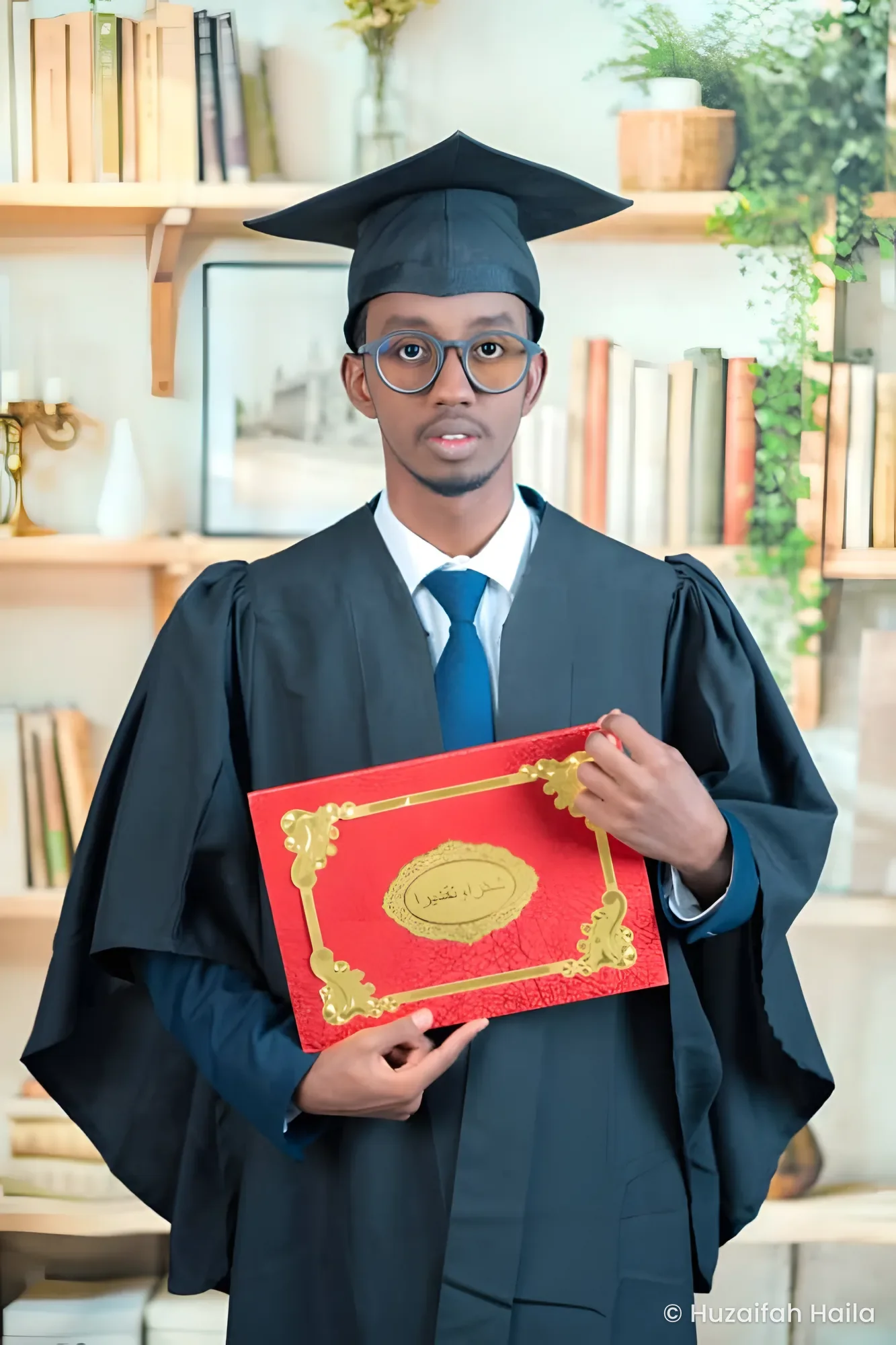 Huzaifah Haila at his graduation, holding his certificate