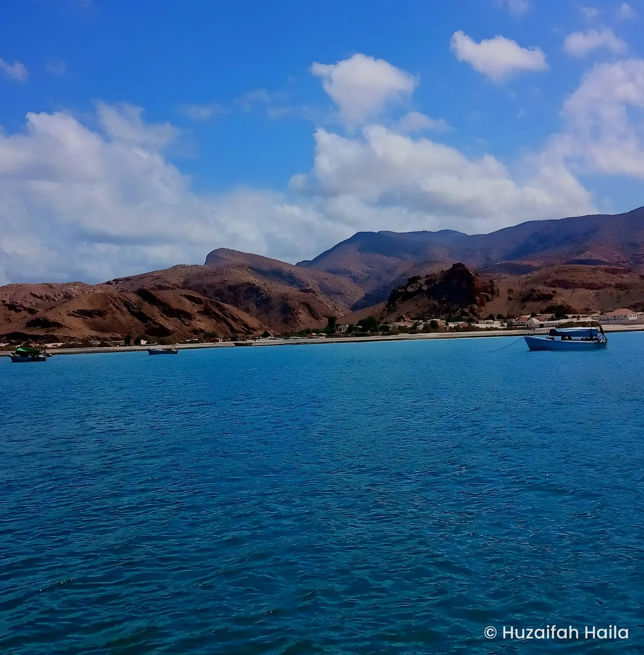 Mountainous coastline from boat, the Bari region coast, Somalia
