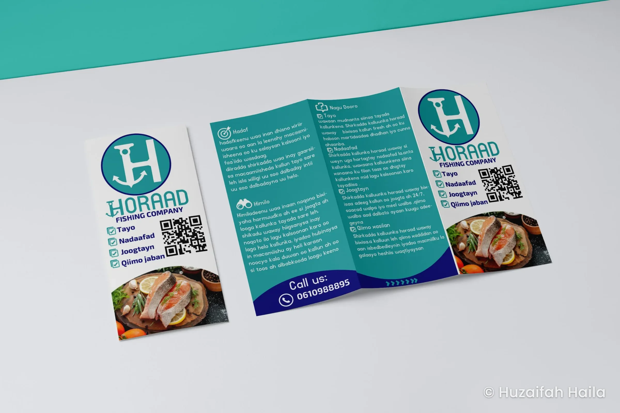 Horaad Fishing Company tri-fold brochure with logo and QR code